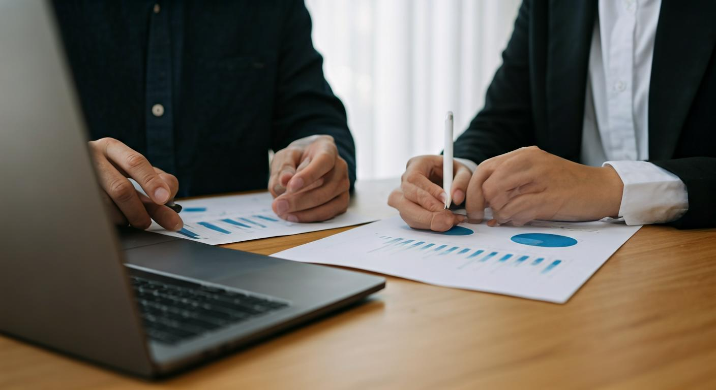 Professional consultant reviewing ecommerce metrics with a client, laptop open with charts, neutral office setting, focused and collaborative atmosphere