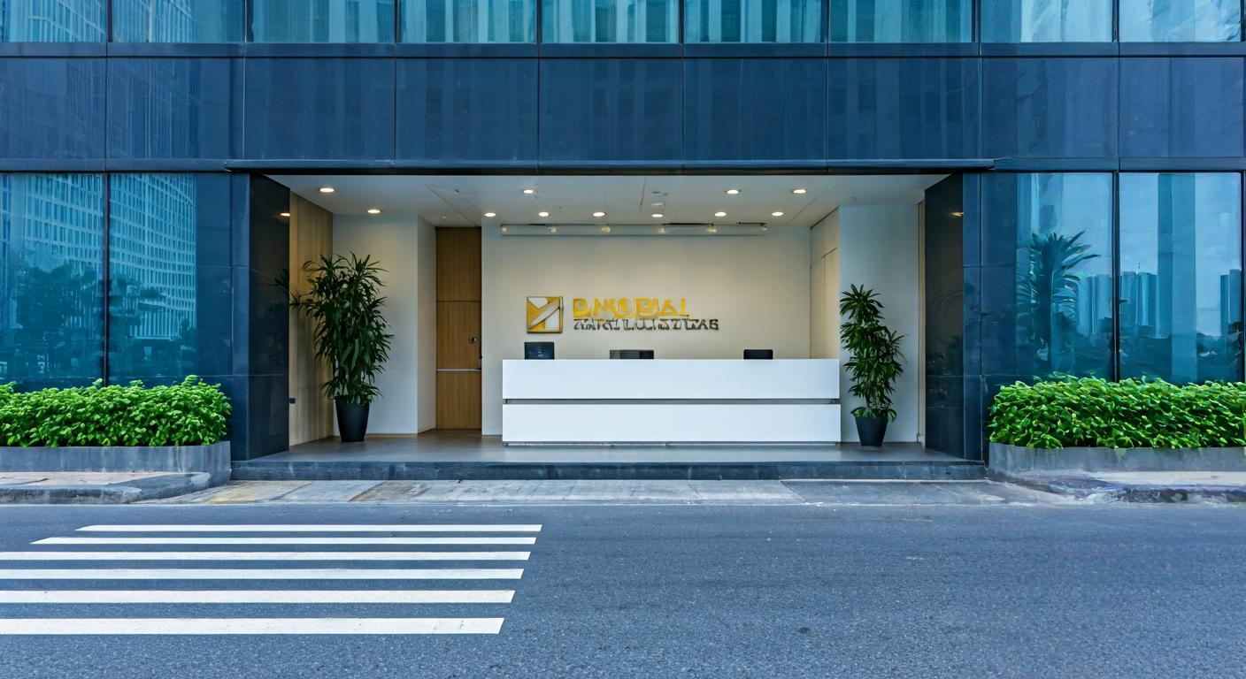 Modern office building entrance with clear signage and professional reception area, representing a business consultation environment in Kuala Lumpur