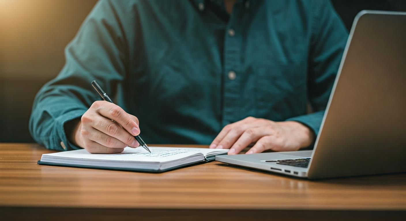 Founder working at a desk with a laptop and notes on marketplace planning, natural daylight, professional yet simple environment reflecting early-stage business focus