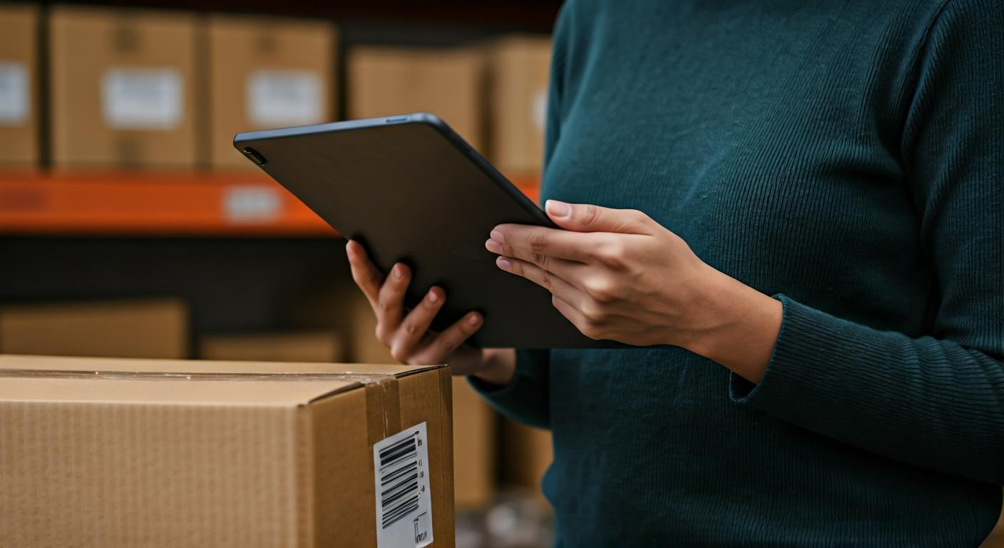 Warehouse staff reviewing shipment schedules on a tablet, boxes labeled for delivery, showing organized fulfillment planning in a clean facility
