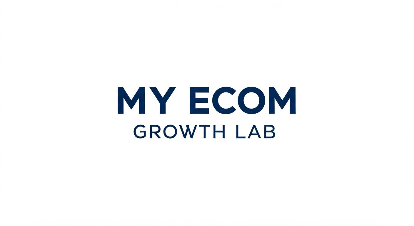 Simple logotype with clean text MY Ecom Growth Lab in navy and blue, minimal geometric letter styling, easy to recognize without complex shapes