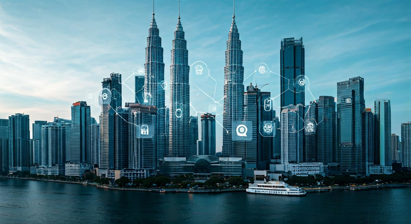 Modern Kuala Lumpur skyline with digital commerce icons overlay, showing smartphone shopping, delivery routes, and marketplace interface visuals in a clean business style