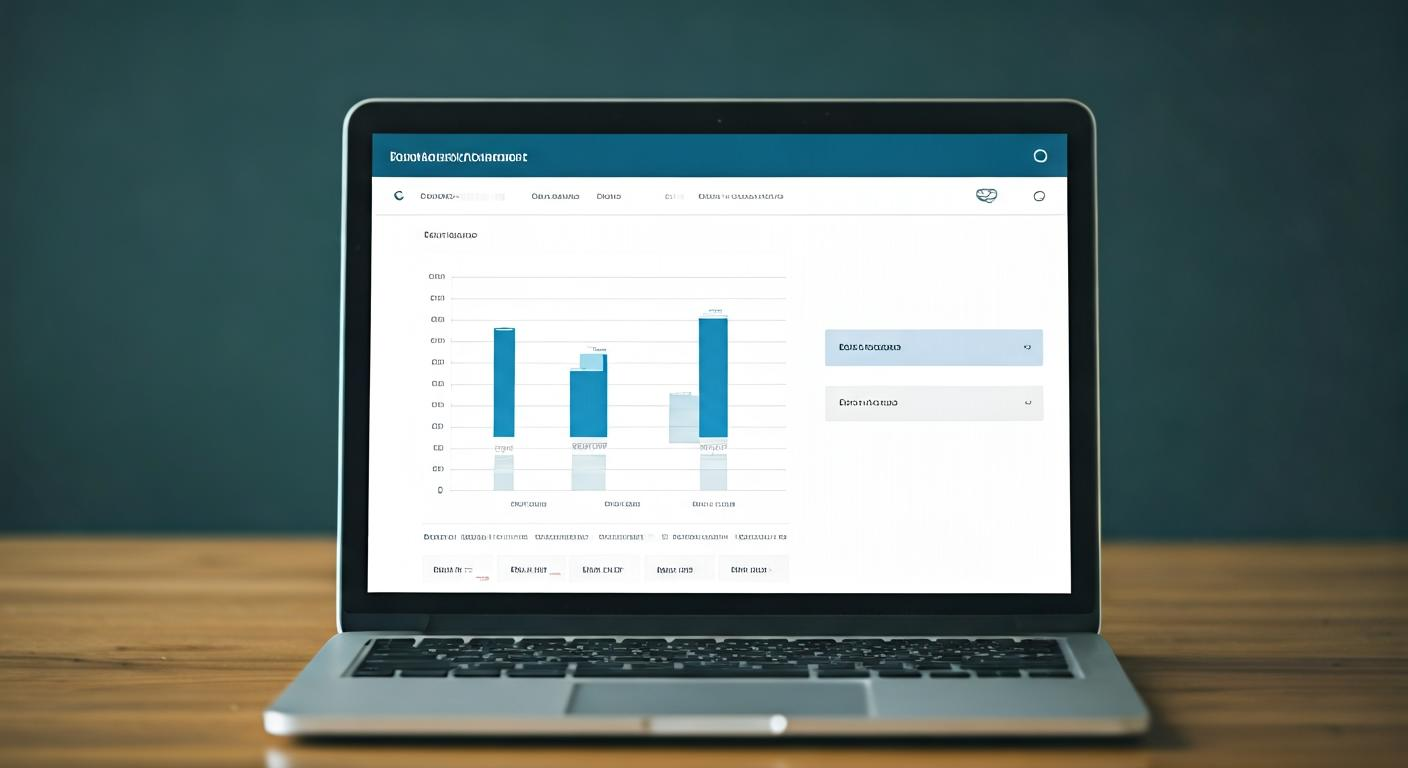Clean laptop screen showing marketplace performance dashboard with sales graphs, order volume, conversion rate tiles, and product listing thumbnails in a realistic office environment