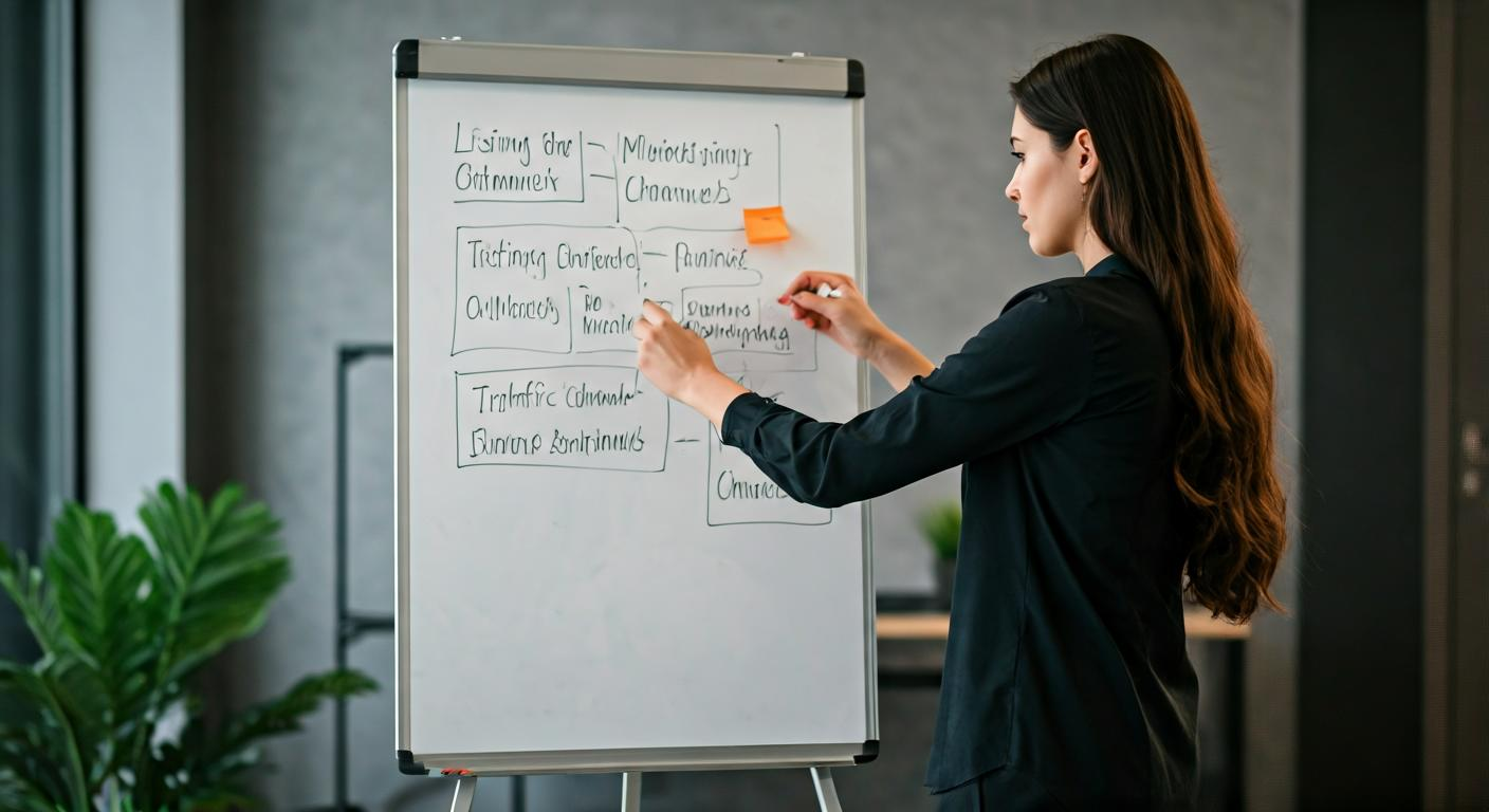 Consultant presenting ecommerce growth strategy on a whiteboard, showing listing optimization steps and traffic channels, modern office setting