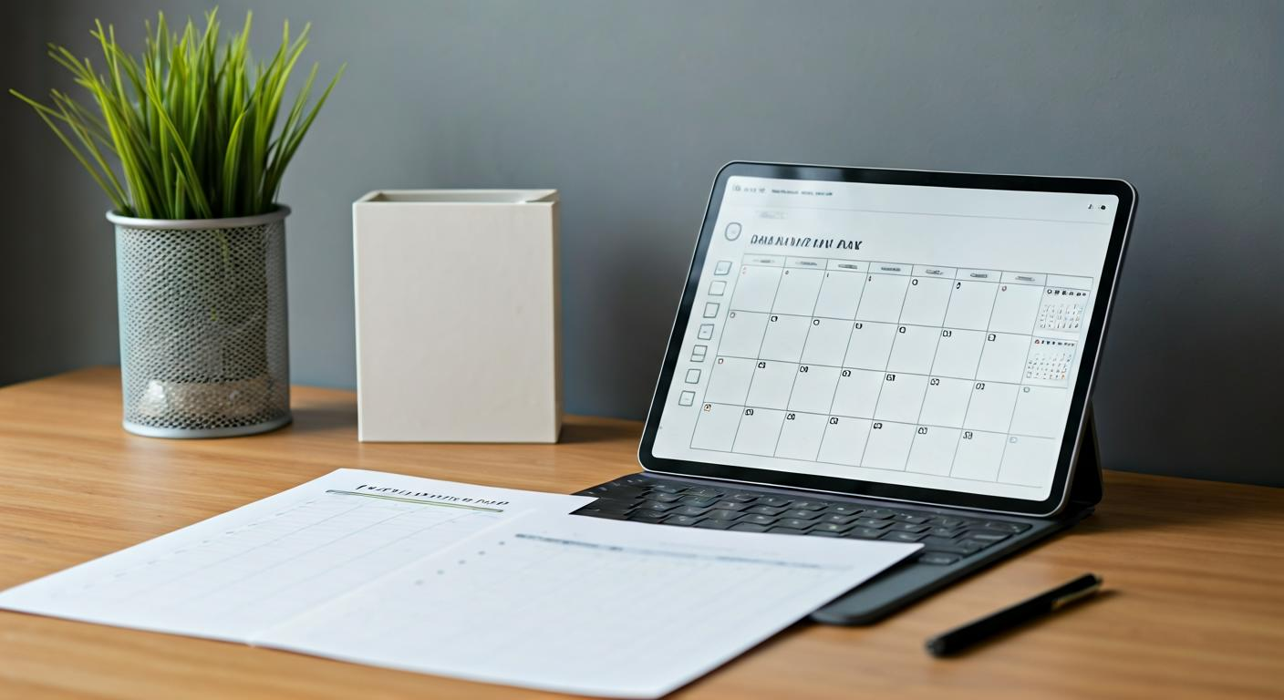Desk with printed ecommerce workflow templates, checklists, and a tablet showing calendar plans, styled in a clean modern workspace with minimal props